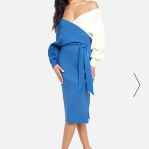 BLUE + WHITE SURPLICE COLOR BLOCK SWEATER DRESS BEBE NWT